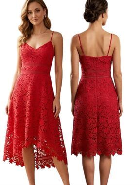 ELIZA J Red Floral Lace Midi Sundress With Handerchief Hem - Size 8